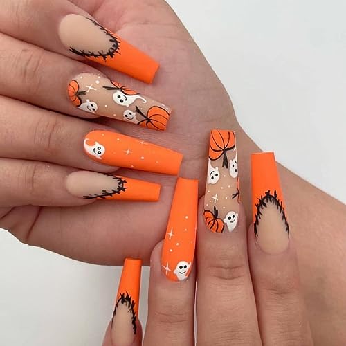 Halloween Press On Nails Long Coffin Orange French 24Pcs - Ghost & Pumpkin Design