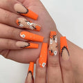 Halloween Press On Nails Long Coffin Orange French 24Pcs - Ghost & Pumpkin Design