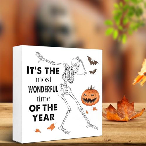 Autumn Wooden Block Sign - Skeleton Pumpkins Fall Halloween Decor - Most
