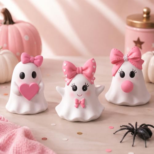 Pink Halloween Ghost Figurines Set - Bow Style, Resin, 3 Pieces