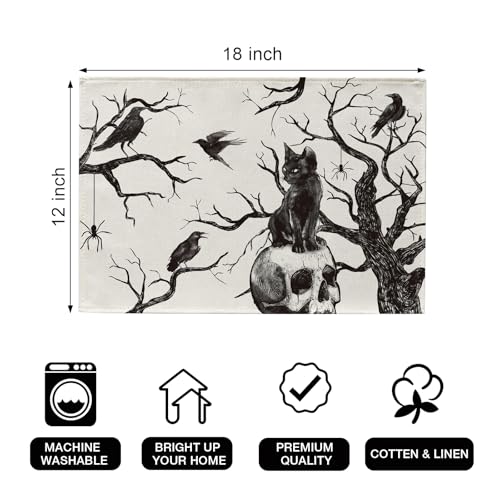 Halloween Skull Black Cat Placemats Set of 4 - 12x18 Inch, Durable Cotton Linen