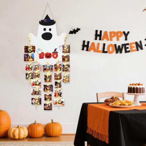 Halloween Ghost Door Sign with LED Lights and Photo Holder, Wooden Wall Decor