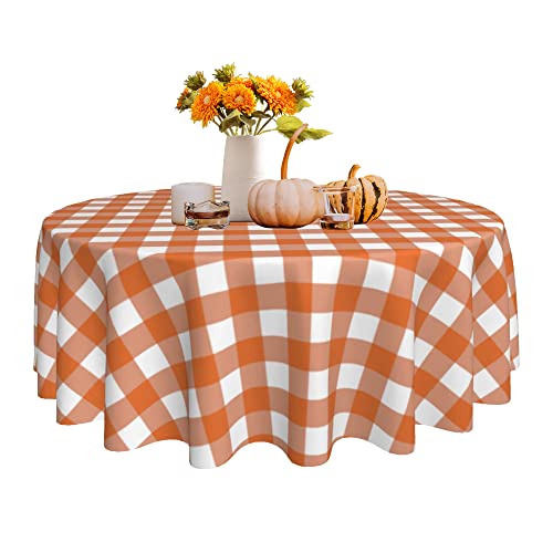 Fall Orange White Buffalo Plaid Tablecloth 60 Inch Round Polyester - Autumn Home Decor