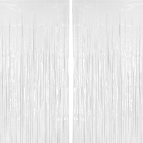 White Tinsel Curtain Backdrop Decorations - 2 Pack, 3.2x8.2 ft Party Decor