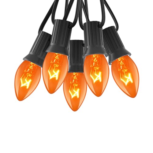 Orange String Lights - 25Ft C7 Outdoor Halloween Decor with 27 Bulbs - Black Wire, Waterproof