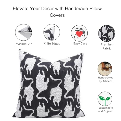 22x22 Black Cotton Throw Pillow Cover - Handmade Block Print Cushion Case for Sofa Bed