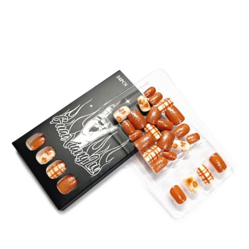 Fall Press on Nails Pumpkin Acrylic Nails Short Square Brown 26Halloween-Brown-1