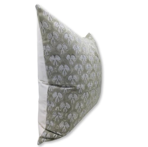 20x20 Inch Green Handmade Block Print Cotton Throw Pillow Cover - Fall Decor