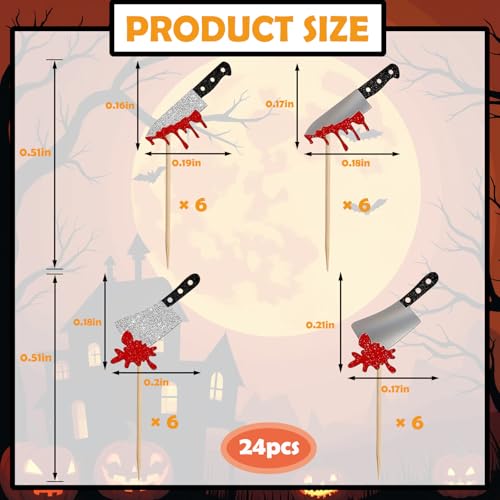 Halloween Cupcake Toppers with Bloodstained Knife Design - 24 Pcs Party Decorations