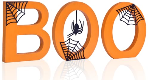 Ovootok Boo Halloween Sign - 3PC Wooden Indoor Decor with Spiderwebs & Spider - Festive Table Centerpiece - Variation: Boo