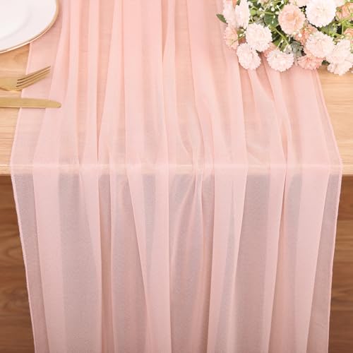 Peach Pink 10FT Chiffon Table Runner for Wedding & Party Decor - Boho Rustic Sheer Fabric