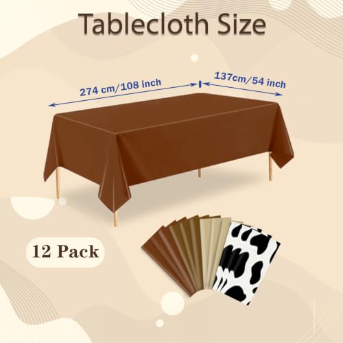 Cow Print Brown Plastic Tablecloth - 12 Pack, 54x108 Inches, Western Theme, P05
