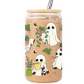 16 oz Glass Coffee Cup with Lid & Straw - Ghost Plant Design, Spooky Halloween Gift
