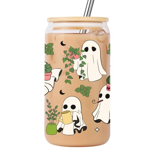 16 oz Glass Coffee Cup with Lid & Straw - Ghost Plant Design, Spooky Halloween Gift