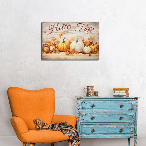 Rustic Fall Pumpkin Wall Art - Hello Fall Canvas Print with Maple Leaves, 16"L x 12"W