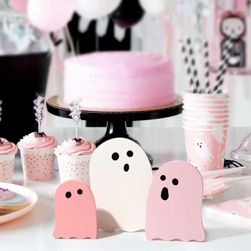 Halloween Ghost Decor Set - Pink & White Wooden Table Decorations for Indoor Home & Office