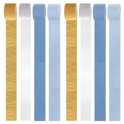 Blue Gold Crepe Paper Streamers Set - 8 Rolls for Party Decorations