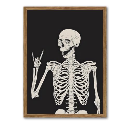 Halloween Skeleton Wall Art Framed Canvas 12x16 Inches Gothic Home Decor - Black Skull Skeleton - Variation B