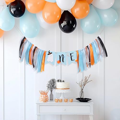 Halloween Ghost First Birthday Banner for Boys - Spooky Baby Party Decor, Blue Ghost Celebration Flag