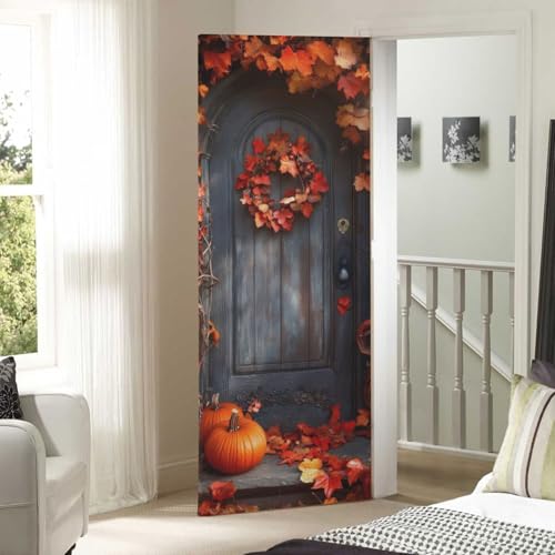 Thanksgiving Wood Door Cover - Stretch Fabric Porch Decoration 35x79 In - Holiday Door Cover