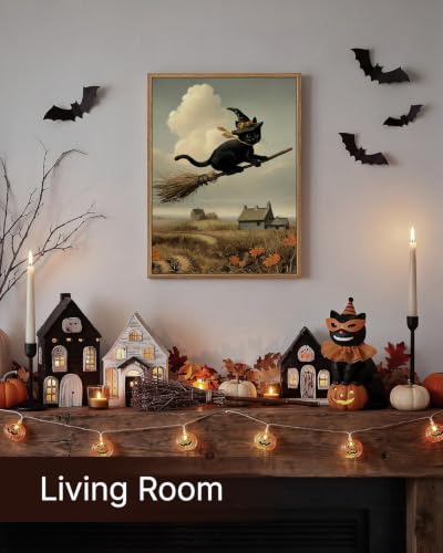 Black Cat Halloween Wall Art - Framed Canvas Print 16x12 Broomstick Variation