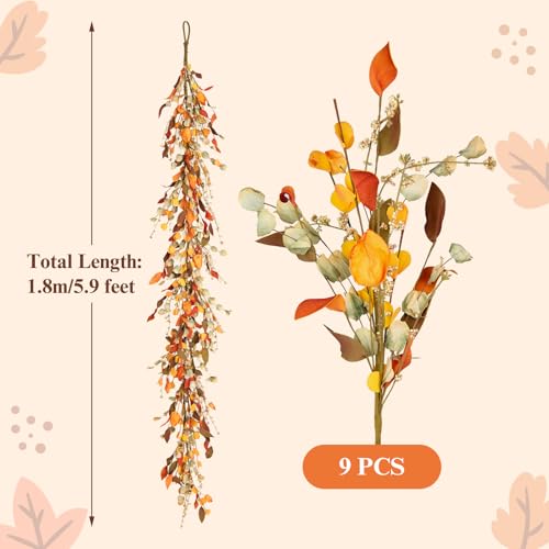 6FT Autumn Eucalyptus Leaves Garland Fall Decor for Thanksgiving & Halloween