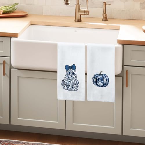 Blue Ghost Chinoiserie Fall Pumpkin Kitchen Towels Set of 2 - Halloween Decor