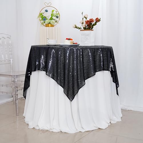 Black Sequin Square Tablecloth 50x50 Inch Sparkly Fabric Cover for Parties