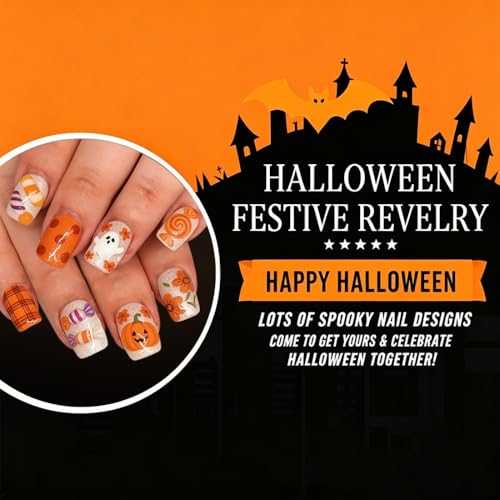 Halloween Press On Nails Short Square Nails with Pumpkin Ghost Designs - Pattern W16, 24 Pcs