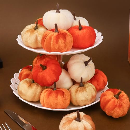 24 Pcs Faux Velvet Fall Pumpkins - Small Artificial Harvest Decorations