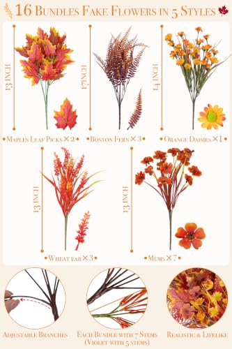 Artificial Fall Flowers Bundle with 5 Styles for Outdoor & Indoor Decor - Orange Red