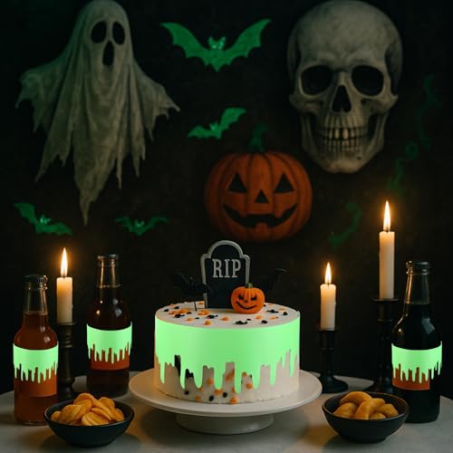 Neon Ghost Cake Border Decor - Green Dripping Halloween Party Wrap - 2 Rolls