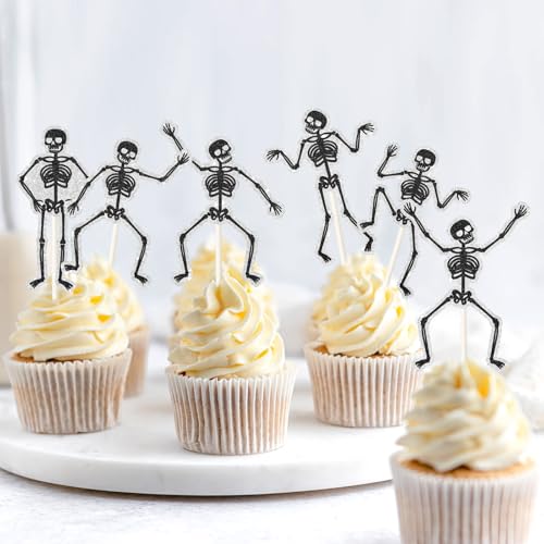 Halloween Skeleton Cupcake Toppers - 18 Pcs Gothic Party Cake Decorations