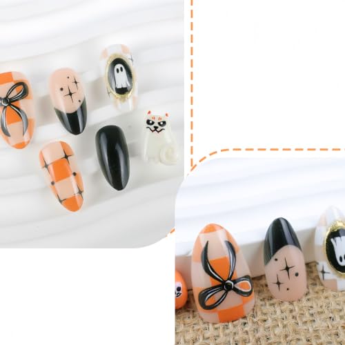 Halloween Mirror Ghost Checkered Press On Nails - Short Almond Fake Nails with Bow and Star Design (Variation: Ghost Checkered)