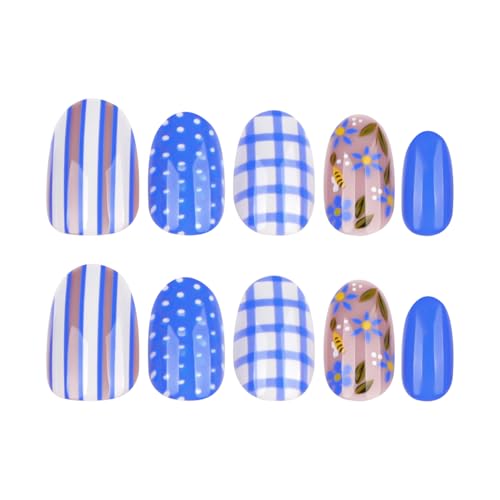 Blue Press On Nails Short Almond Fake Nails with Flower Designs - Colorful Variation 9