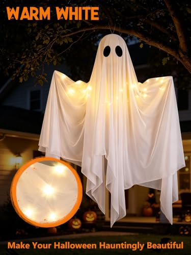 Halloween Ghost Decorations Outdoor Hanging Swing 47IN with LED Lights - Black+White, 2 Pack