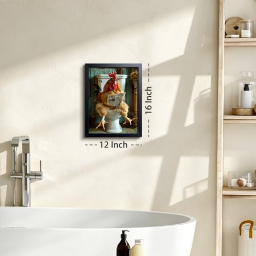 A-Rooster Framed Canvas Wall Art - Humorous Bathroom Decor 16x12 Inches