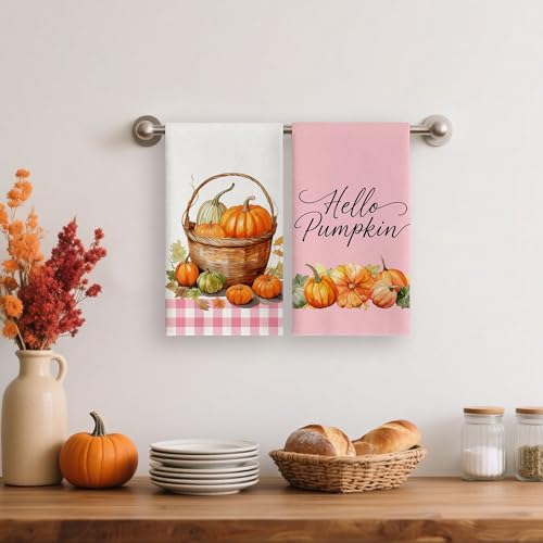 Pumpkin Pink Fall Kitchen Towels Decor Set of 2 - Autumn Dish Hand Towels