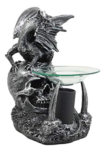 Sabretooth Skull Dragon Oil Warmer - Gothic Decor, Fantasy Fireplace, 8.5" with Variation Grendel Sabretooth Skull Guardian