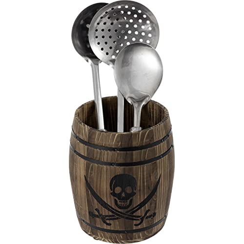 Pirate Rum Cask Utensil Crock with Burnt Wood & Pirate Pattern Variation