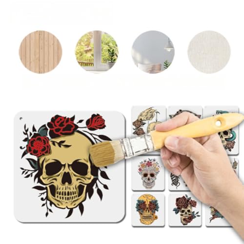 Halloween Skull Stencils Set - Large Reusable Wall Art & Craft Templates - Rose Skull Variation