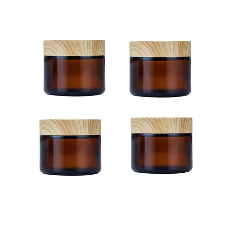 4Pack 50g Amber Glass Cosmetic Cream Jars,Empty Sample Jars Containers Pot with Wood Grain Lids for Lotion,Lip Balm,Eye Cream,Scrubs Creams,Oils Salves,Ointments(Brown)