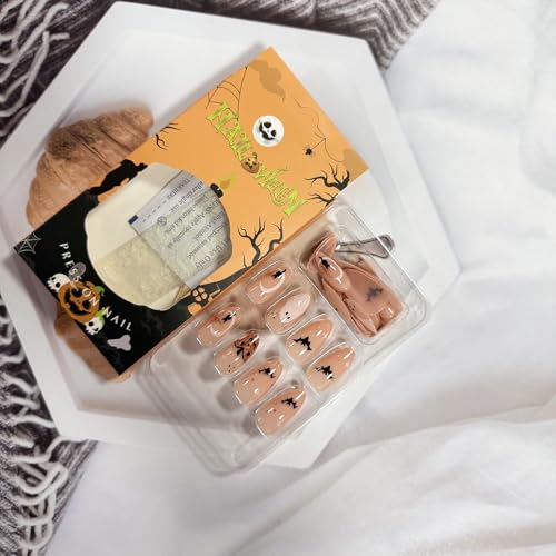Pink Ghost Bat Halloween Almond Press On Nails - Medium Glitter Pumpkin Fake Nails with Designs