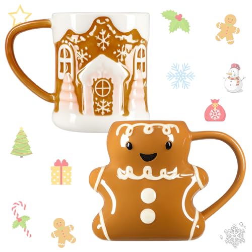 Christmas Ceramic Mug Set - Gingerbread Man & House 3D Design, 14 oz - Variation of THIS listing