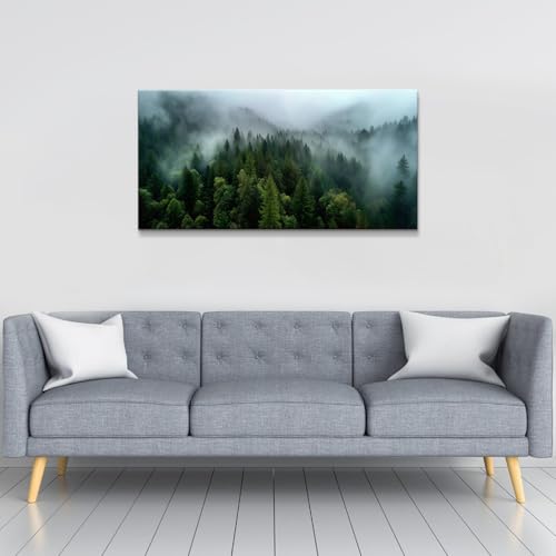 Misty Green Mountain Forest Wall Art - 20x40 Inch Canvas Landscape Decor - Variation of 40L x 20W / Green Forest