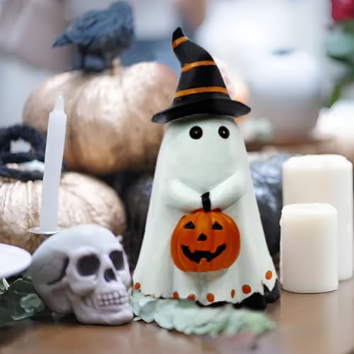 Halloween Ghost Figurine with Pumpkin Lantern - Ceramic Ghost Decor for Holiday Festivities