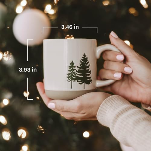 Green Trees Coffee Mug - 14oz Holiday Stoneware Cup, Microwave & Dishwasher Safe, Festive Winter Gift