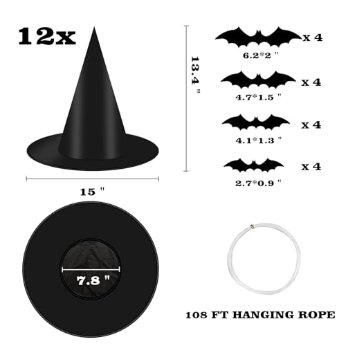 Black Hanging Witch Hats Set - 12 Pieces & 16 3D Bat Stickers for Halloween Decorations