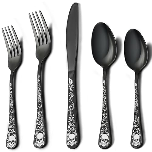Skull Silverware Set for 4 - 20-Piece Gothic Flatware Cutlery with Skeleton Design