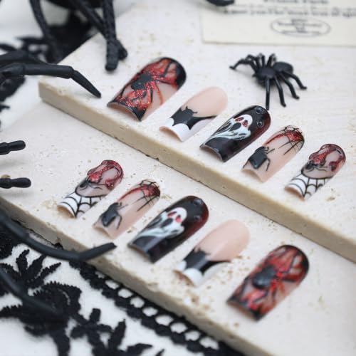 Halloween Press On Nails Long Coffin Goth Fake Nails Set A-1 - Spooky Gothic Design